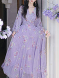 Purple Floral Print V Neck Long Sleeve Vintage Dress