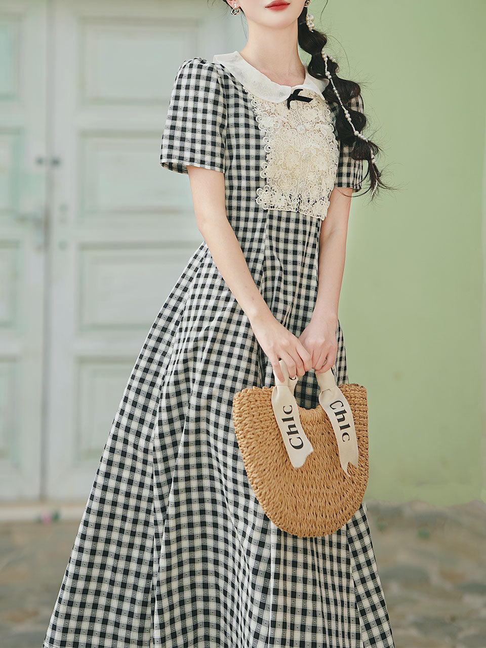 Black and White Plaid Lace Peter Pan Collar 1950s Vintage Dress