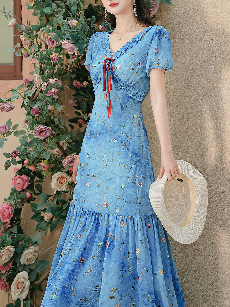 Blue Starry Night Sky Tie Dye V Neck Puff Sleeve Vintage Dress