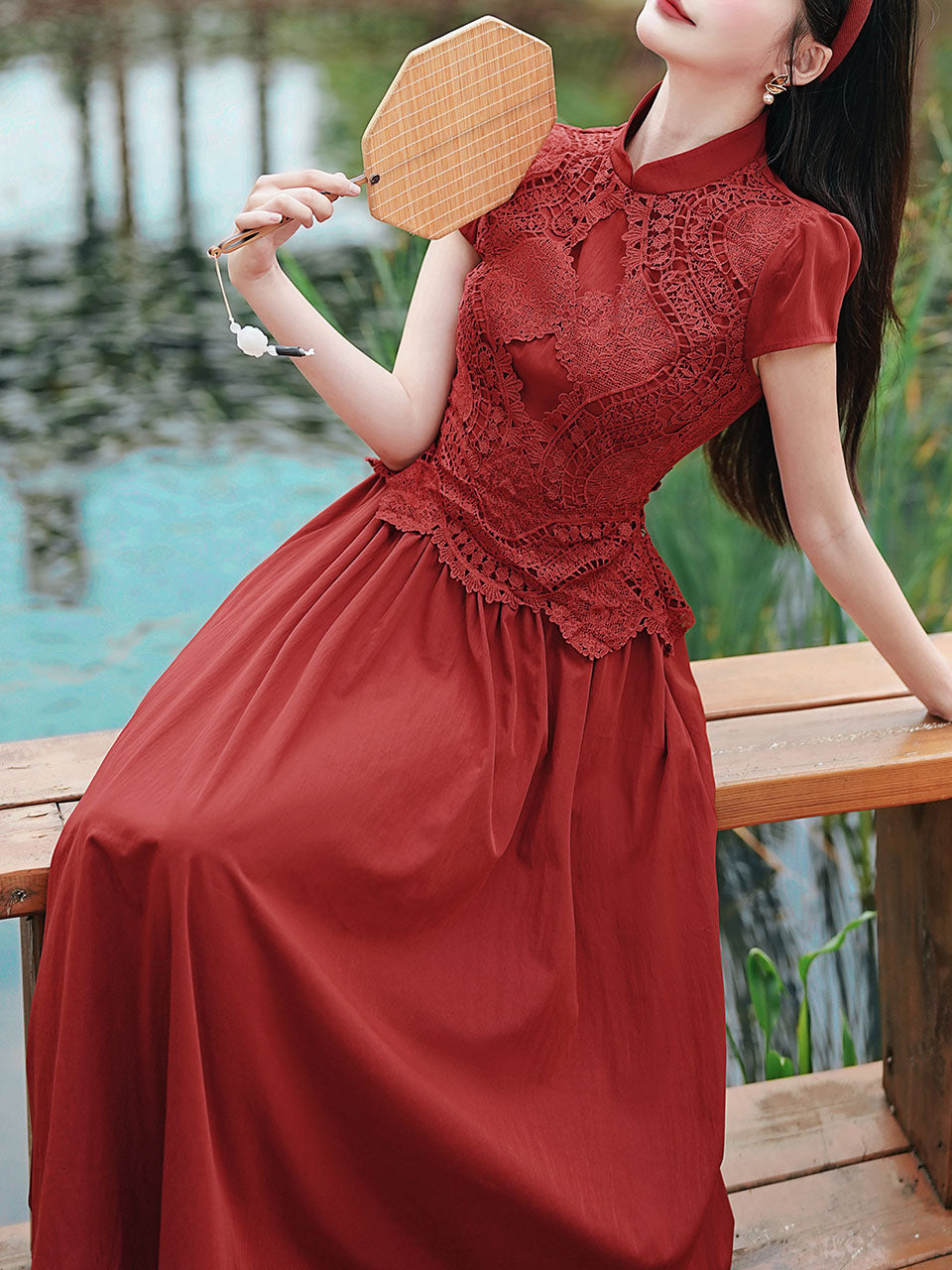 Red Cheongsam Cap Sleeve Lace Vintage Dress