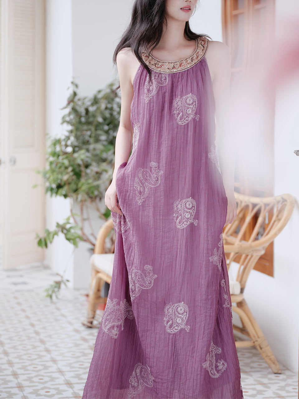 Purple Round Neck Embroidered Luxury Maxi Dress