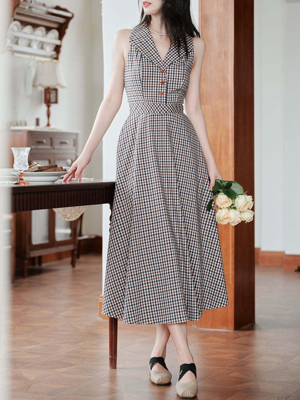 Grey V Neck Plaid Vintage Dress
