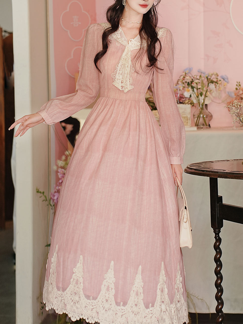 Romantic Vintage Pink Long Sleeve Dress