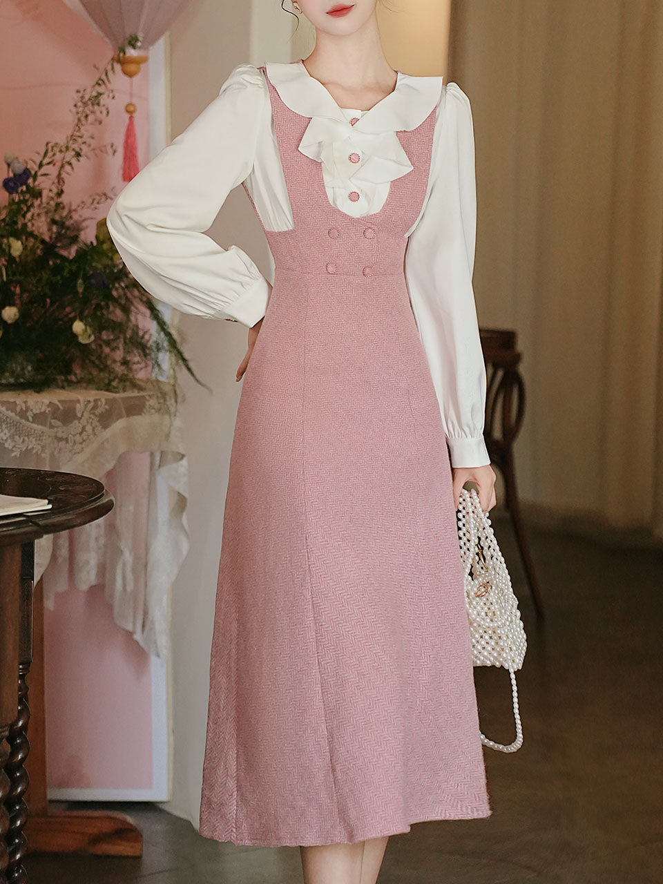 Pink Tweed Fake Two-Piece Dress
