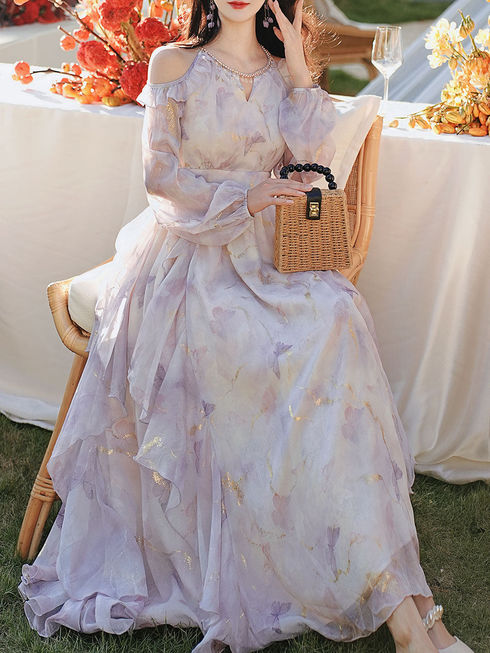 Vintage 1970s Floral Print Lavender Chiffon Ruffled Off-Shoulder Long Sleeve Maxi Dress