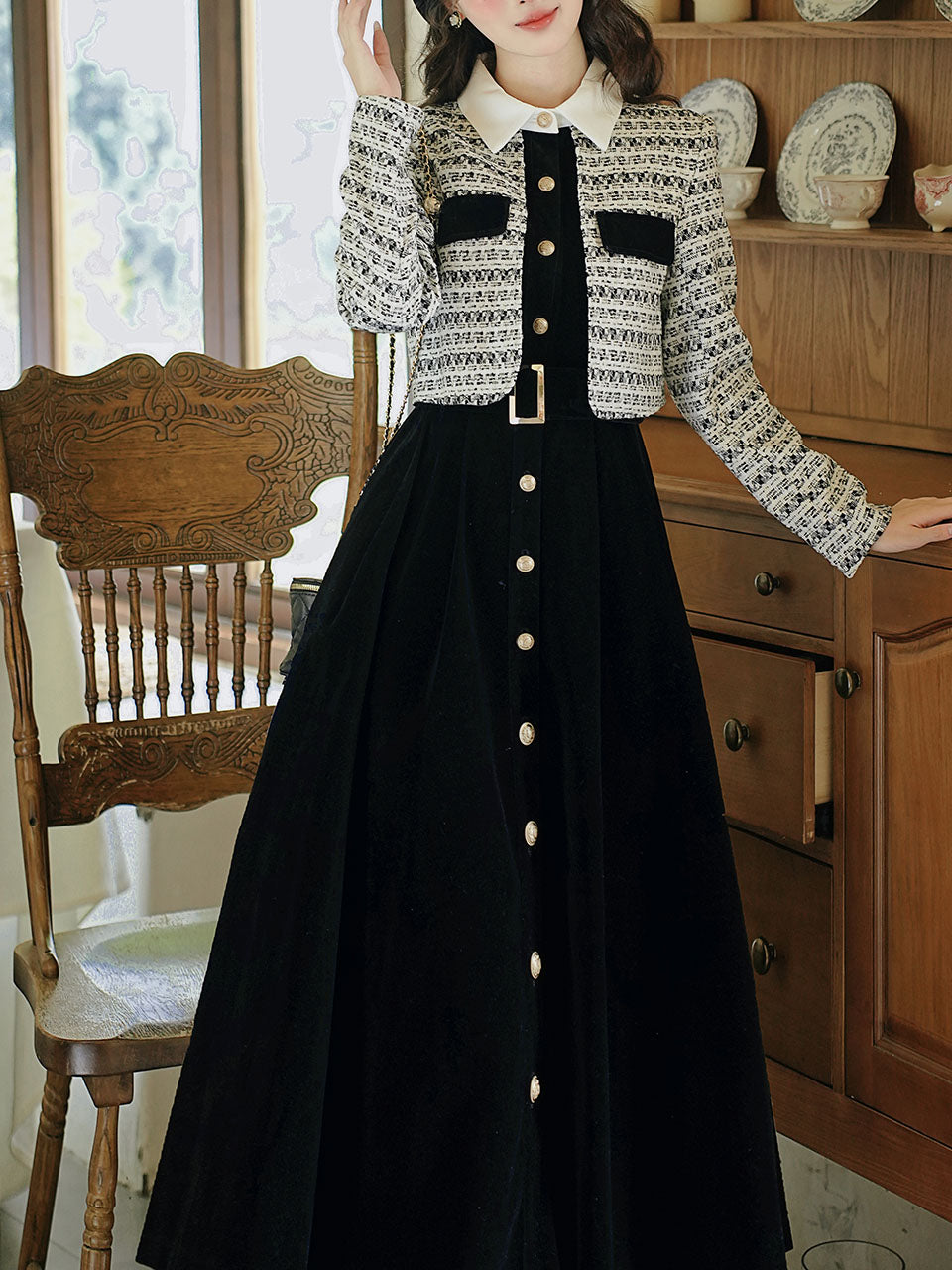 Black Tweed Fake Two-Piece Long Sleeve Vintage Dress