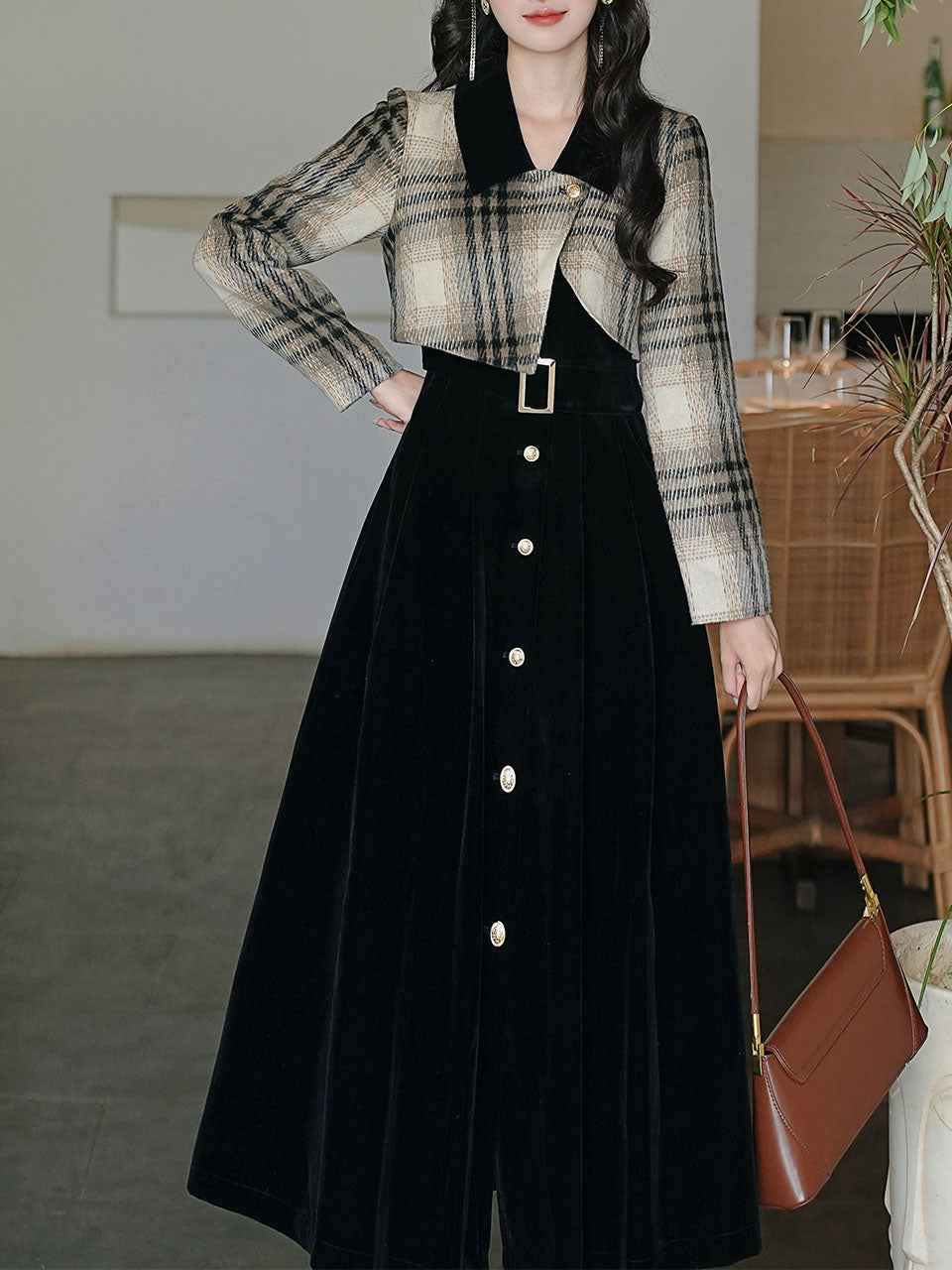 Black Plaid Tweed Fake Two-Piece Long Sleeve Vintage Dress