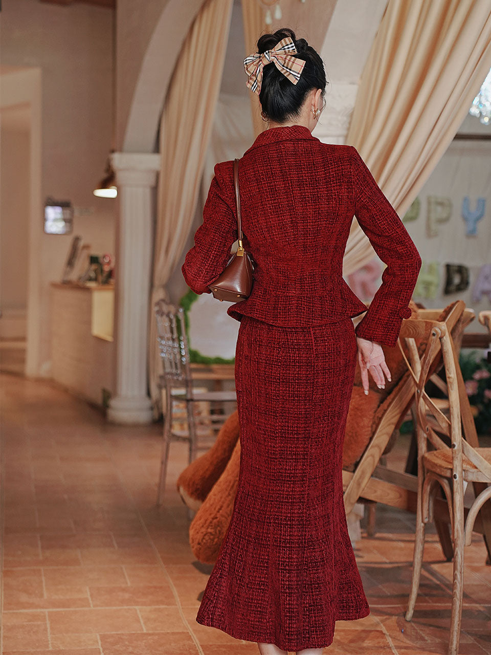 Warm Christmas Red Tweed Blazer and Skirt Set