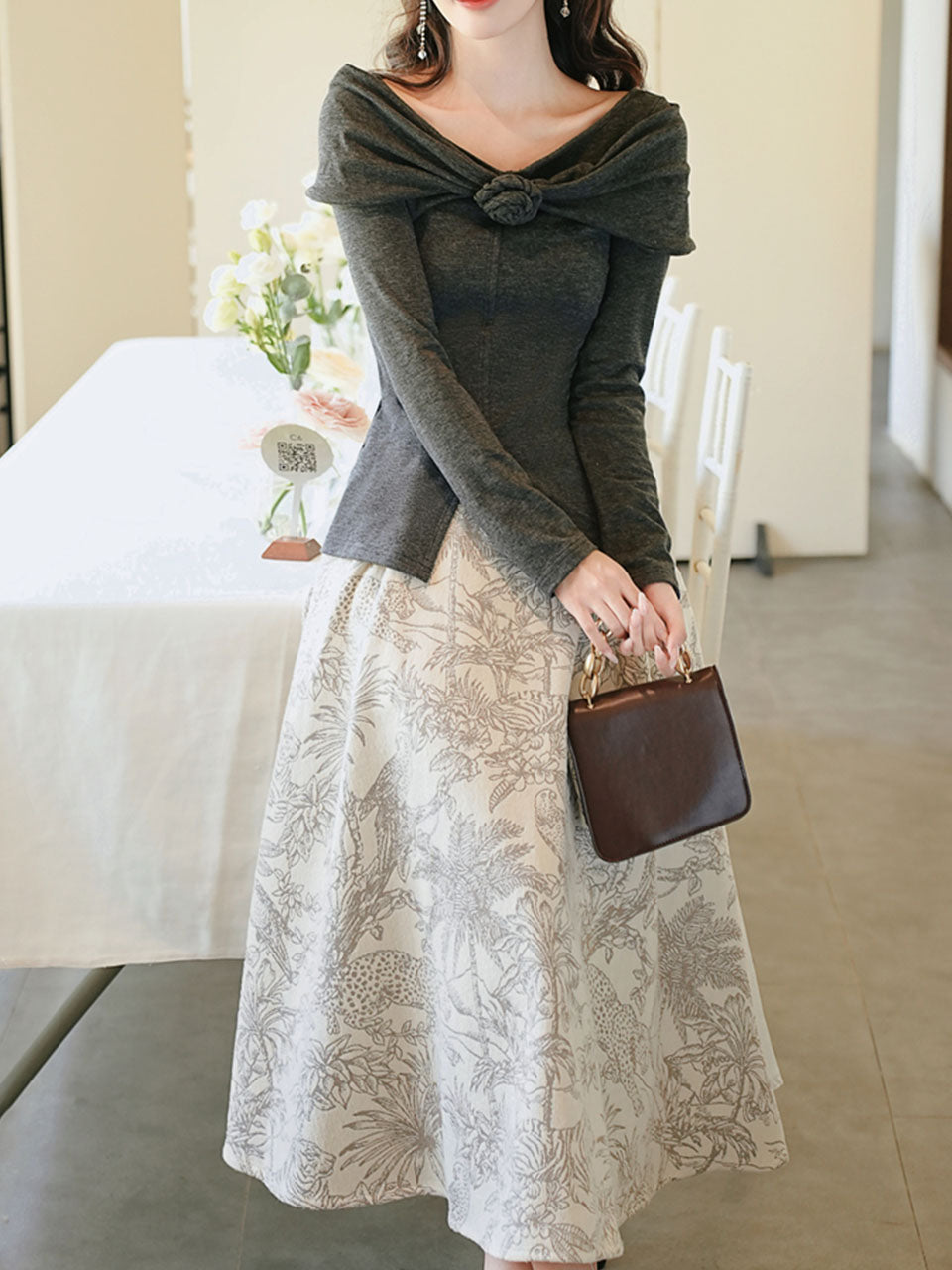 Gray Off Shoulder Slit Knit Top and Floral Jacquard Maxi Skirt Set