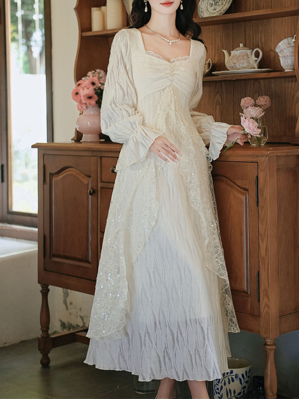 White Lace Ruffle Long Sleeve Sequined Vintage Dress