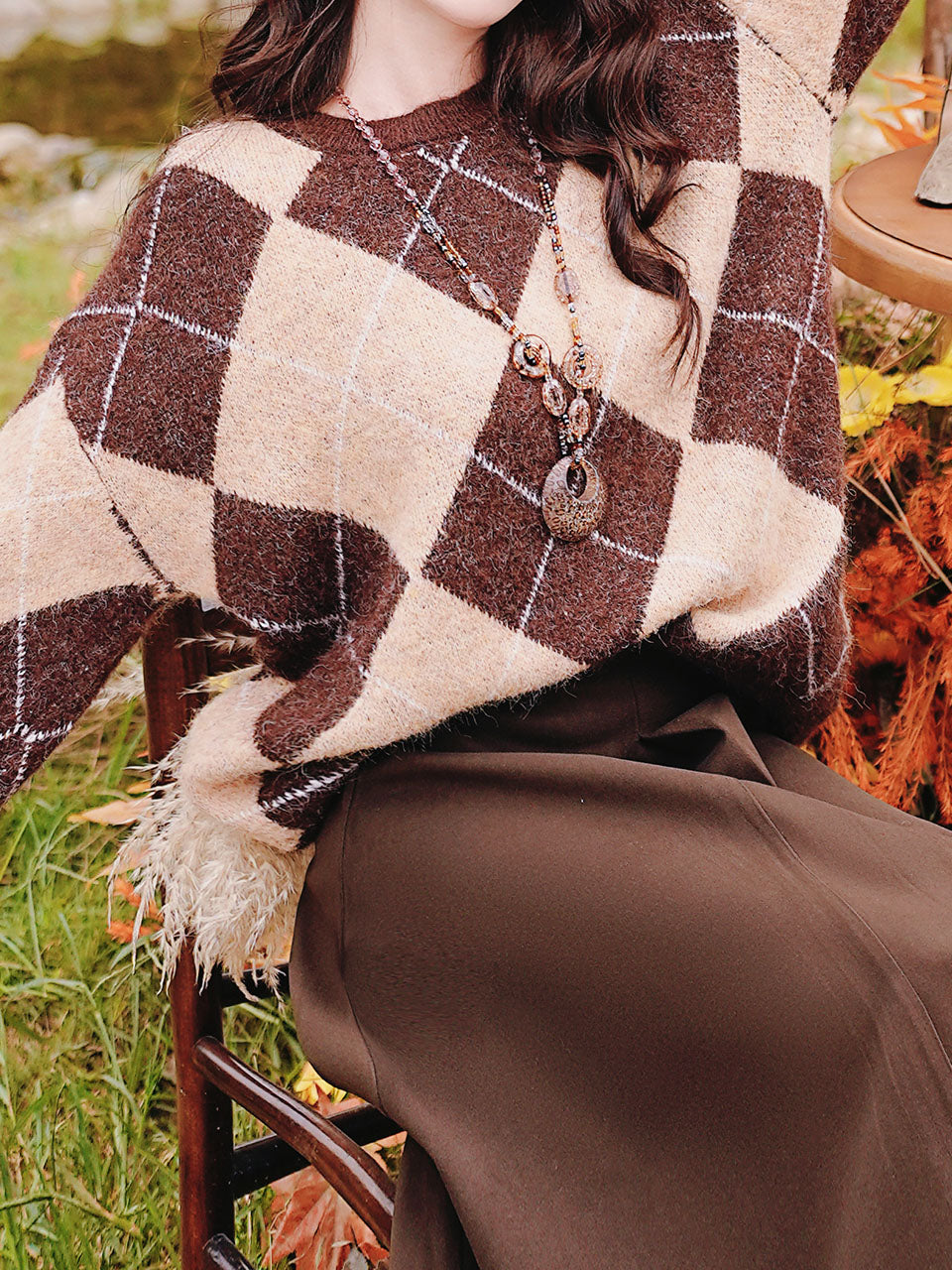 2PS Vintage Brown and White Argyle Sweater and Brown Swing Skirt Vintage Audrey Hepburn's Style Outfits
