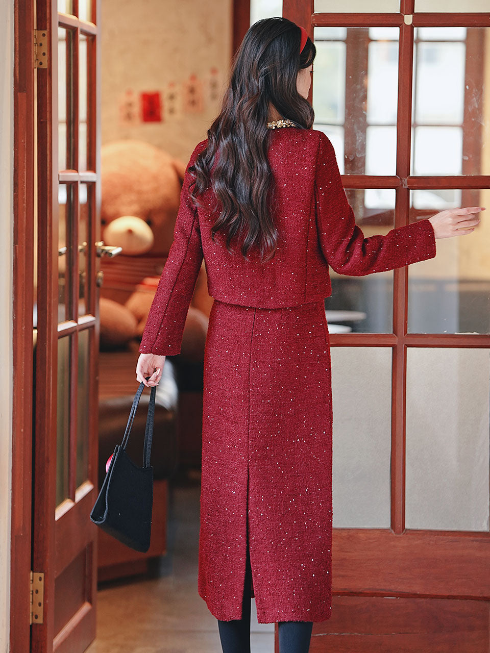 2PS Red Luxurious Sequined Warm Tweed Coat