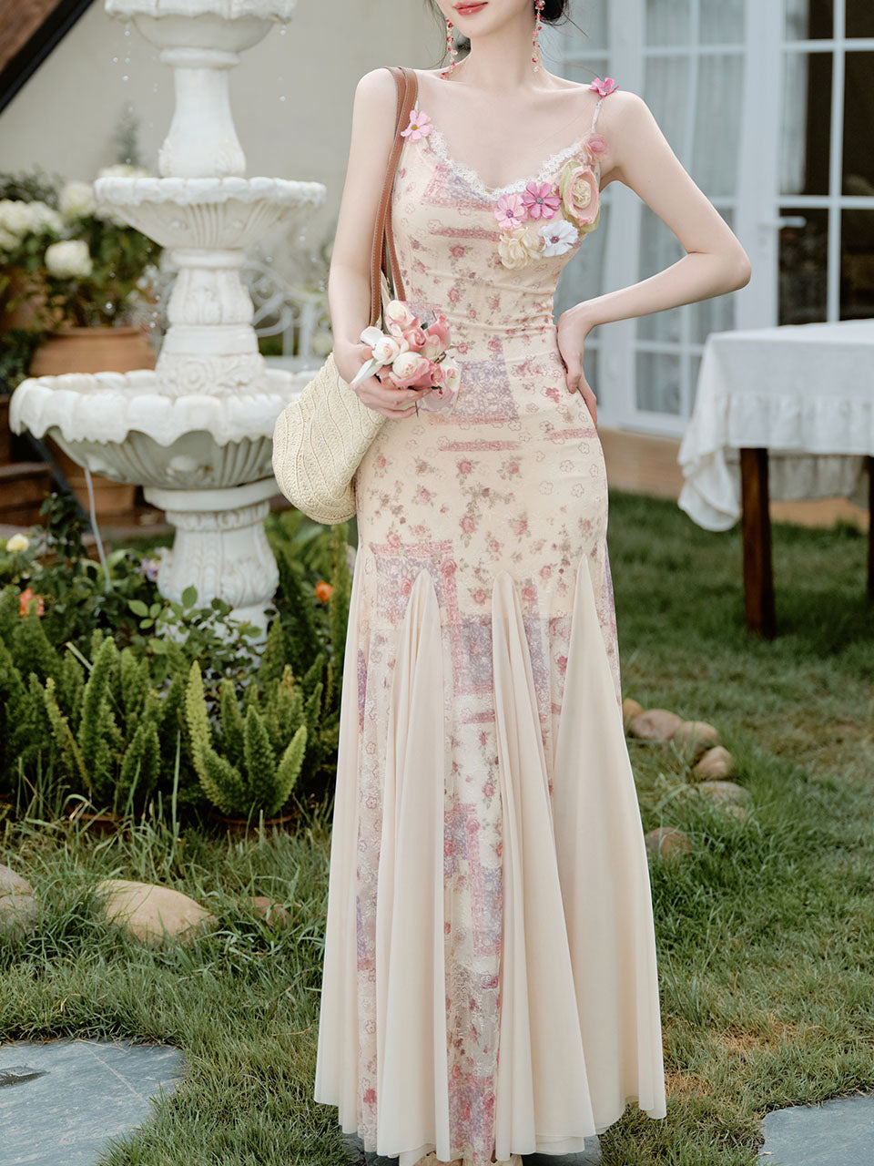 Pink Floral Print Spaghetti Strap Fishtail Flared Vintage Maxi Dress