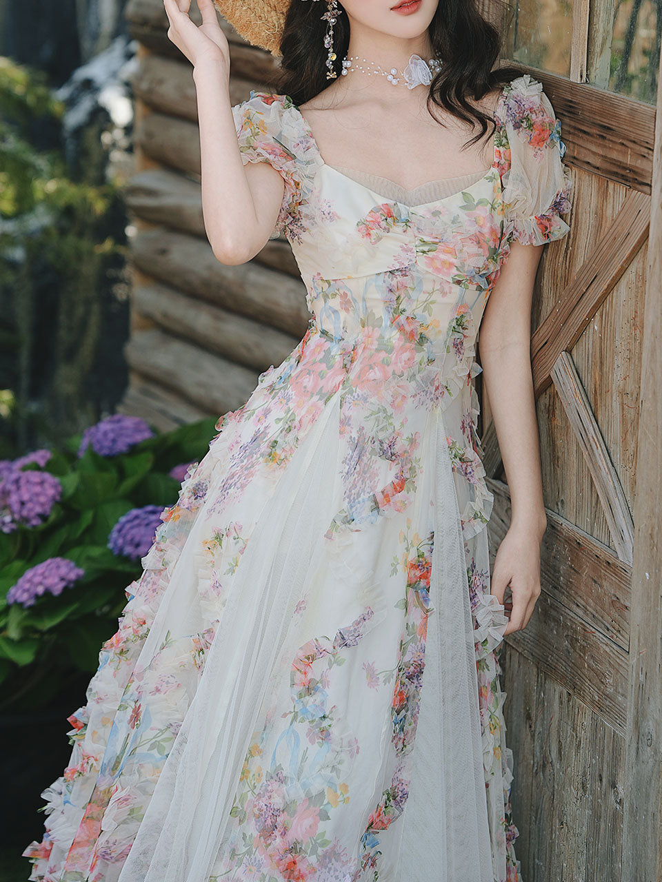 Printed Tulle Puff Sleeve Ruffled Hem Princess Party Dress for Girls Women