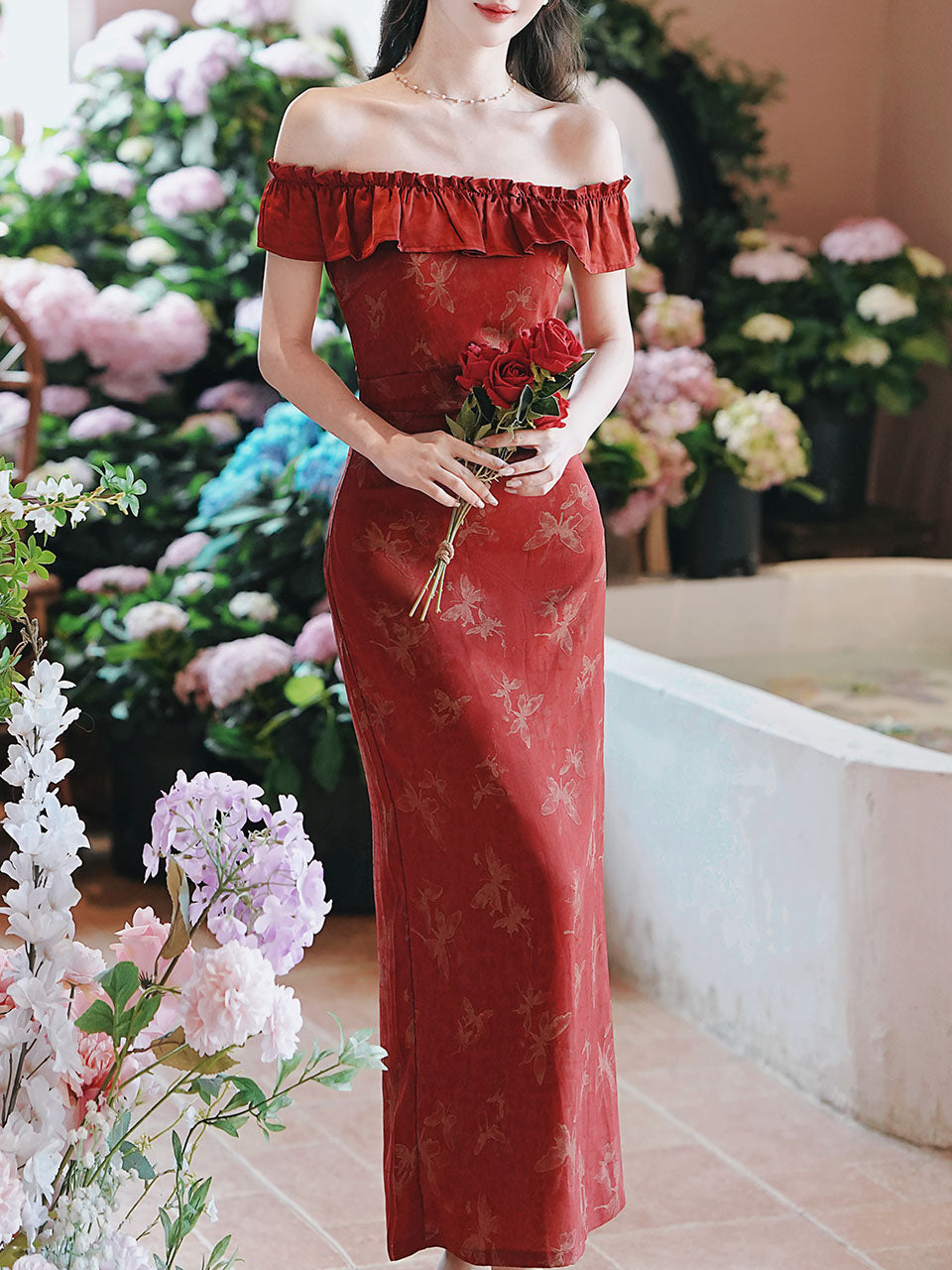 Red Butterfly Print Off Shoulder Bodycon Dress