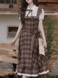 Brown Plaid Fake Two-Piece Short Sleeve Vintage Dress