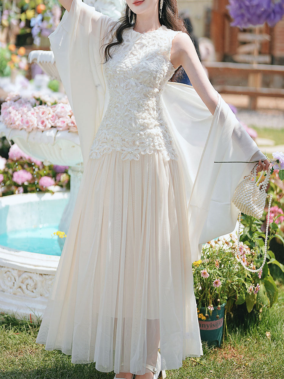 White Lace Patchwork Mesh Vintage Dress
