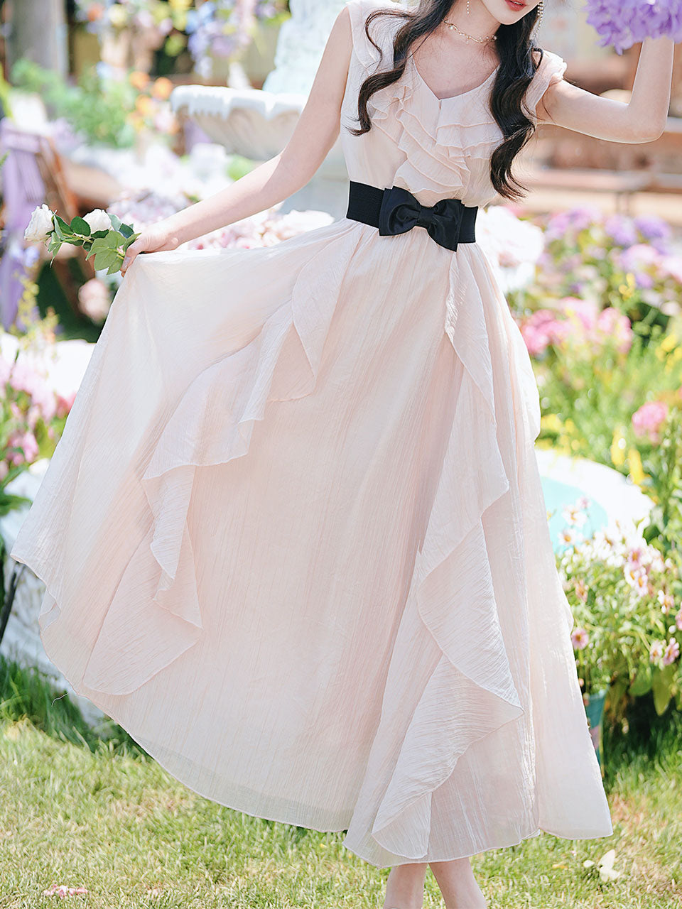 Pink Flowy Ruffle V-Neck Dress
