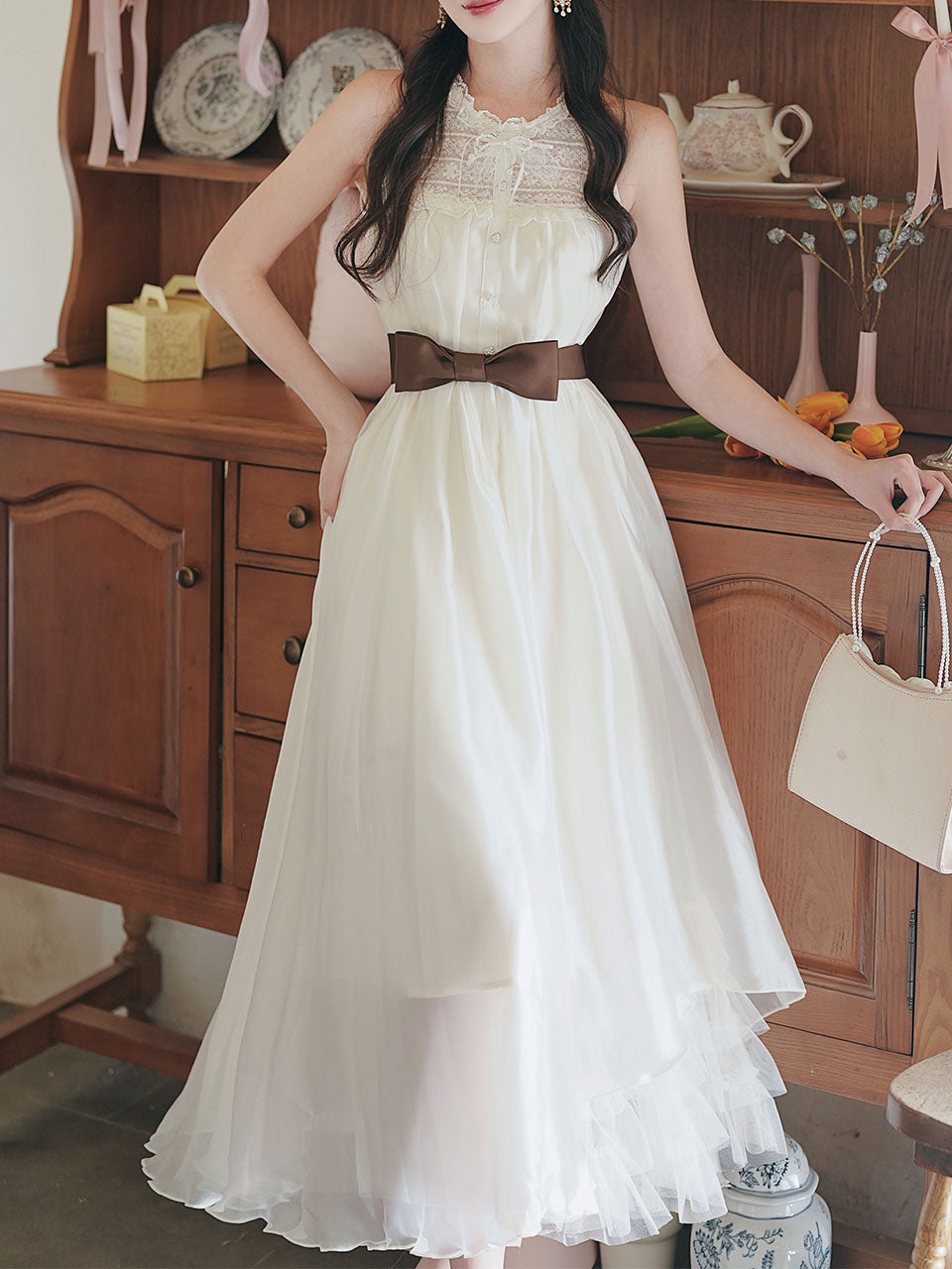 1950s Vintage White Lace Organza Maxi Dress for Women