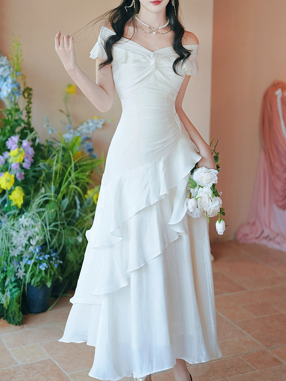 Off Shoulder Ruffle White Dress