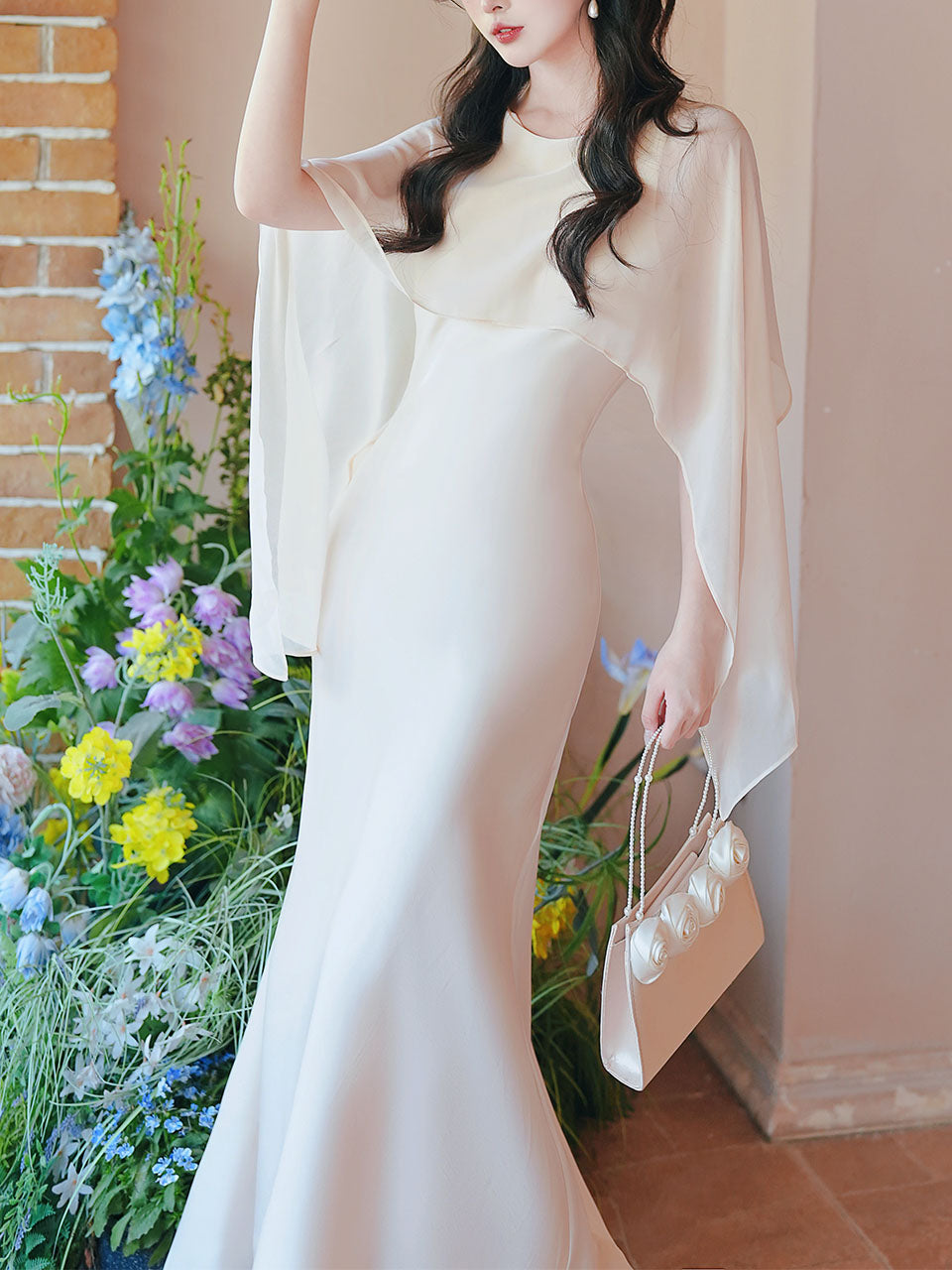 Flowing Chiffon Cape Satin Maxi Dress for Wedding