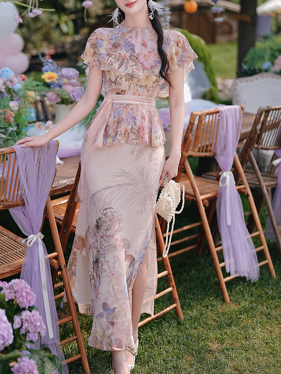 2-Way Wear Vintage Floral Print Cape Sleeve Chiffon Dress for Summer Vacation