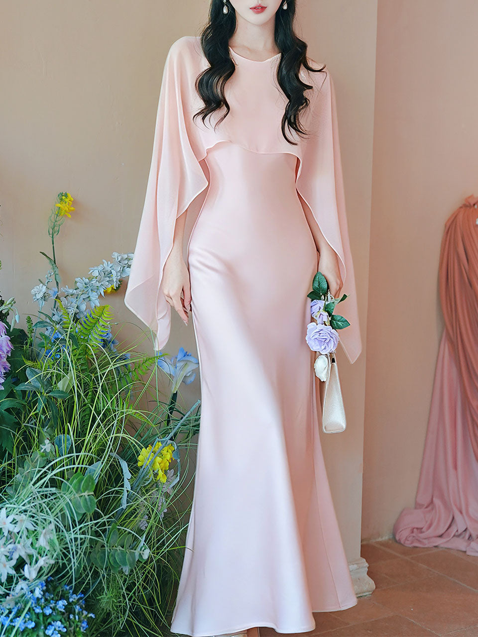 Flowing Chiffon Cape Satin Maxi Dress for Wedding