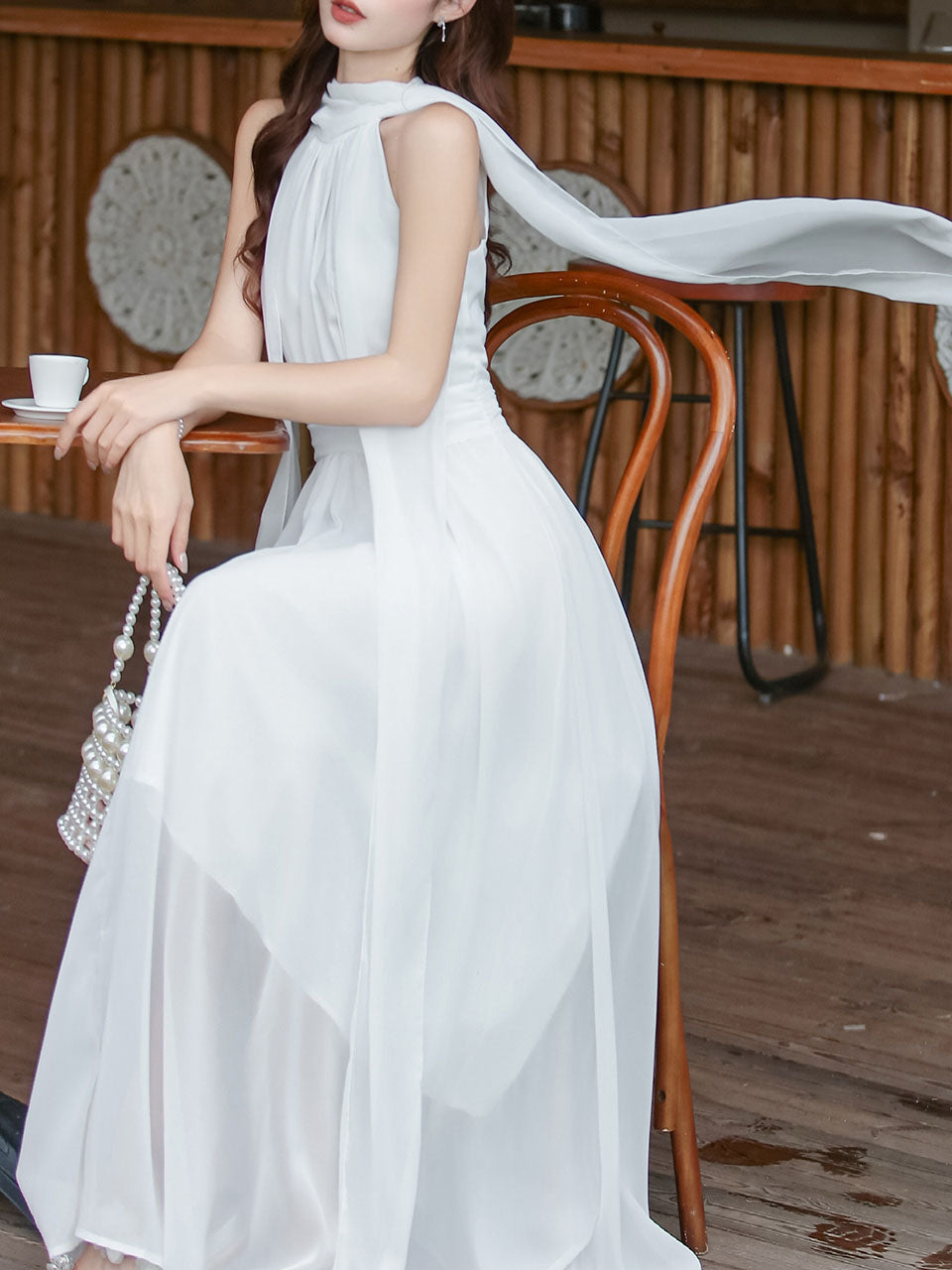 Audrey Hepburn style White Halter Neck Muse Maxi Dress