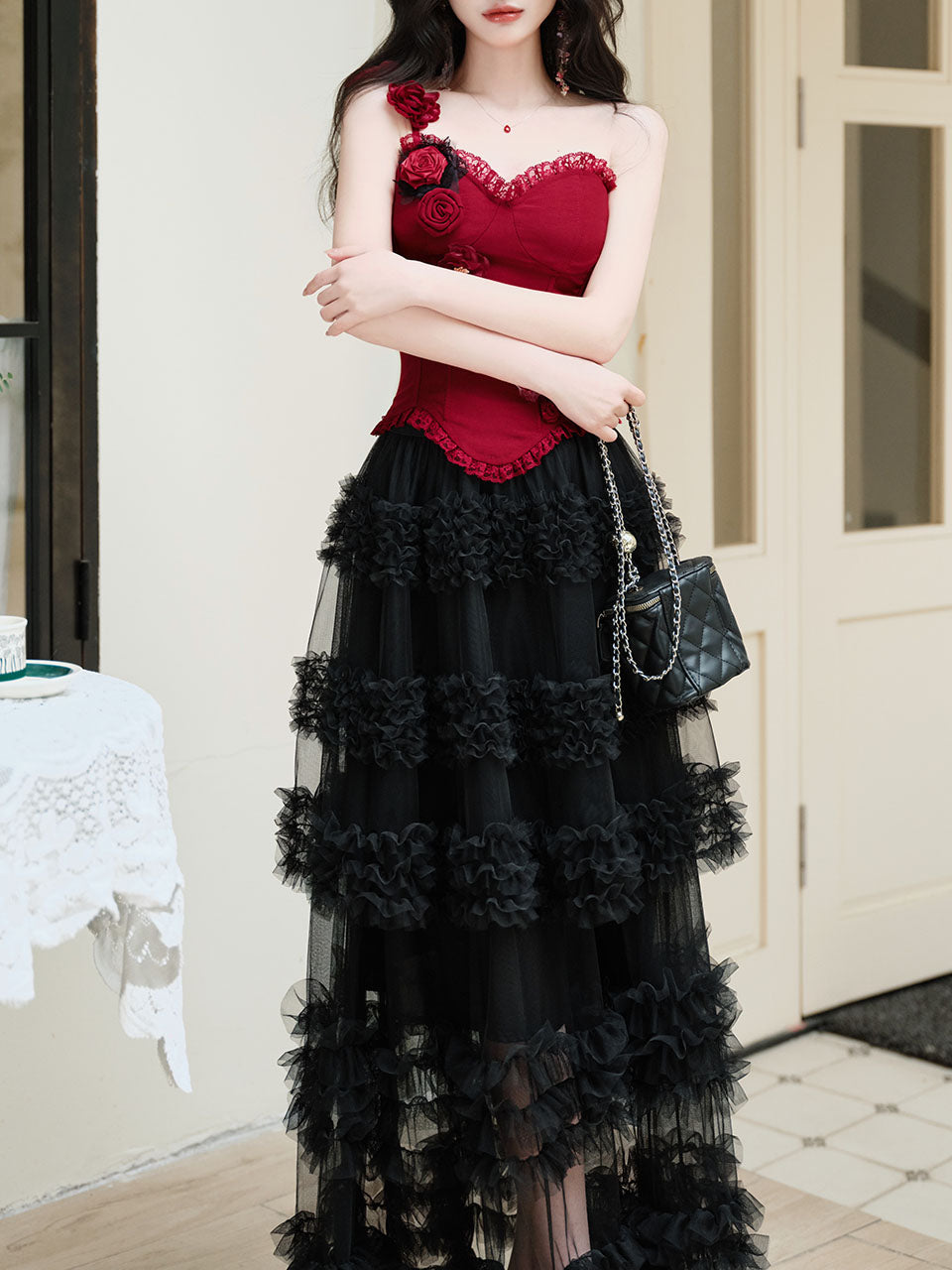 Gothic Red Corset Tiered Tulle Maxi Dress  Rose Asymmetric Ruffle Dark Romantic Party Gown
