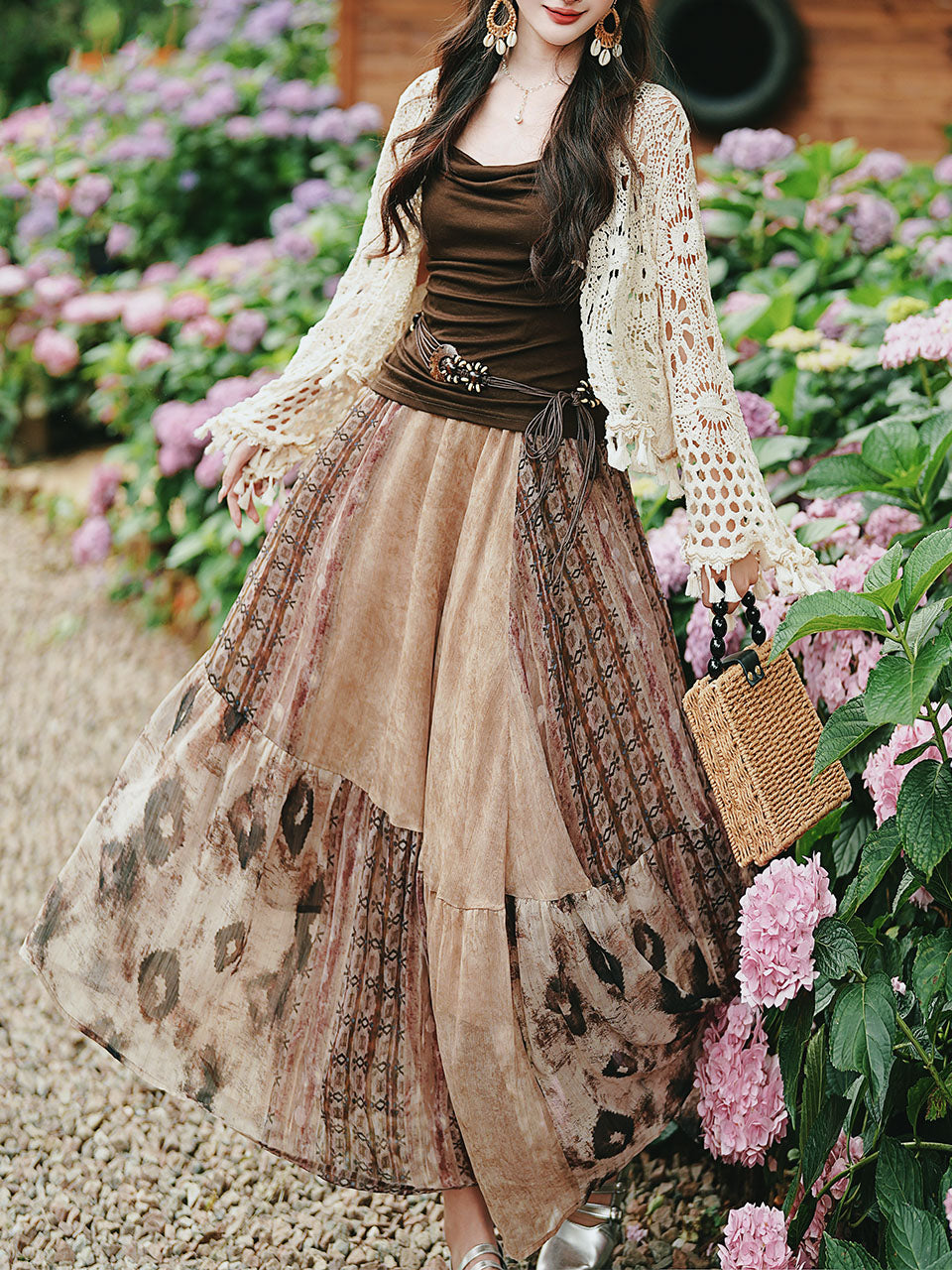 Vintage Boho Patchwork Maxi Skirt - Flowy A-Line Tiered Long Skirt for Women