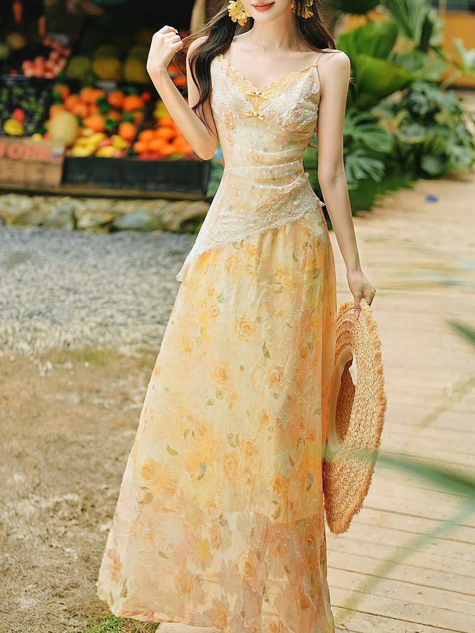 Romantic Yellow Floral Lace Tulle Maxi Dress and Knit Cardigan Set