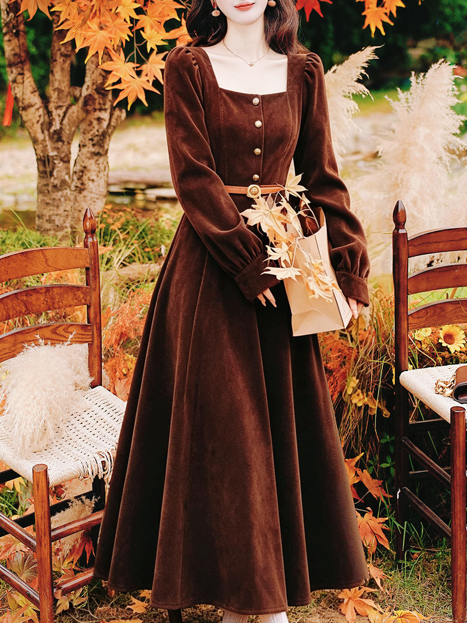 Vintage Brown Velvet Square Neck Puff Sleeve Button-Down Midi Dress