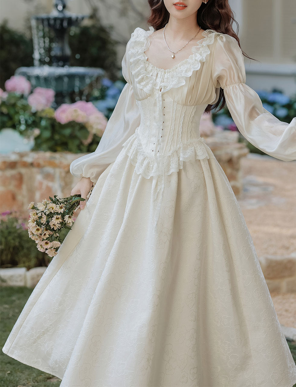 Sweet Victorian Ruffles Corset Long Sleeve Wedding Maxi Dress
