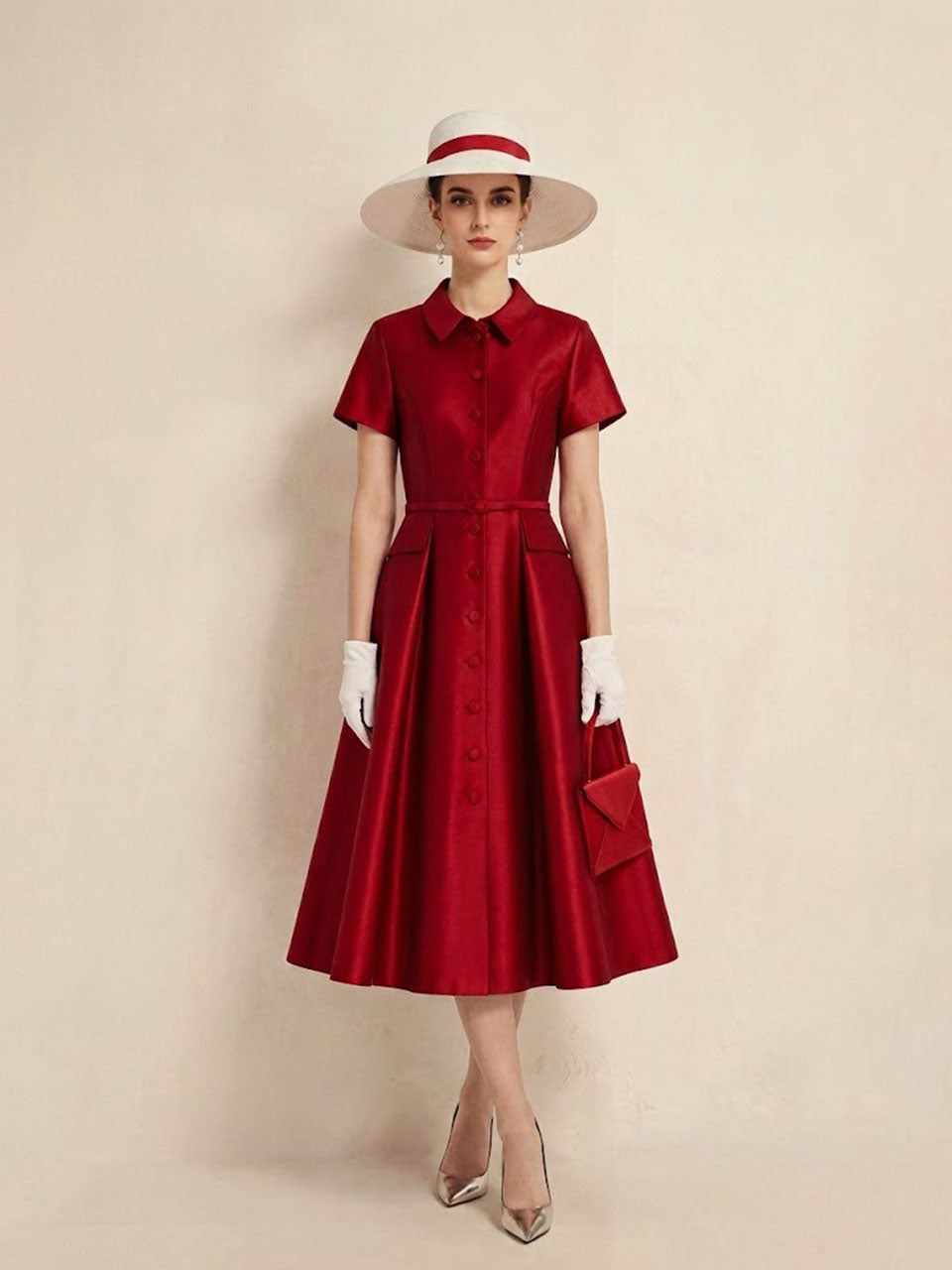 1940S Classic Shirt Collar Vintage Short Sleeve Stain Dress
