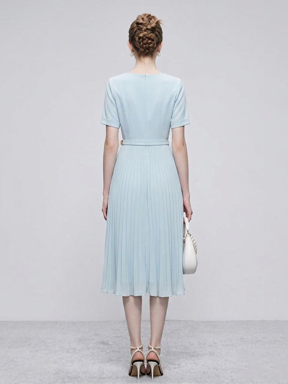 1950s Light Blue Bow Tie-Neck Pleated Swing Dress