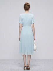 1950s Light Blue Bow Tie-Neck Pleated Swing Dress