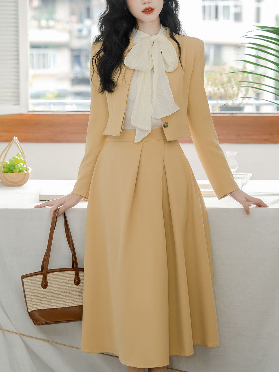 3PS Bowknot Collar Shirt and Yellow 1950S Vintage Coat