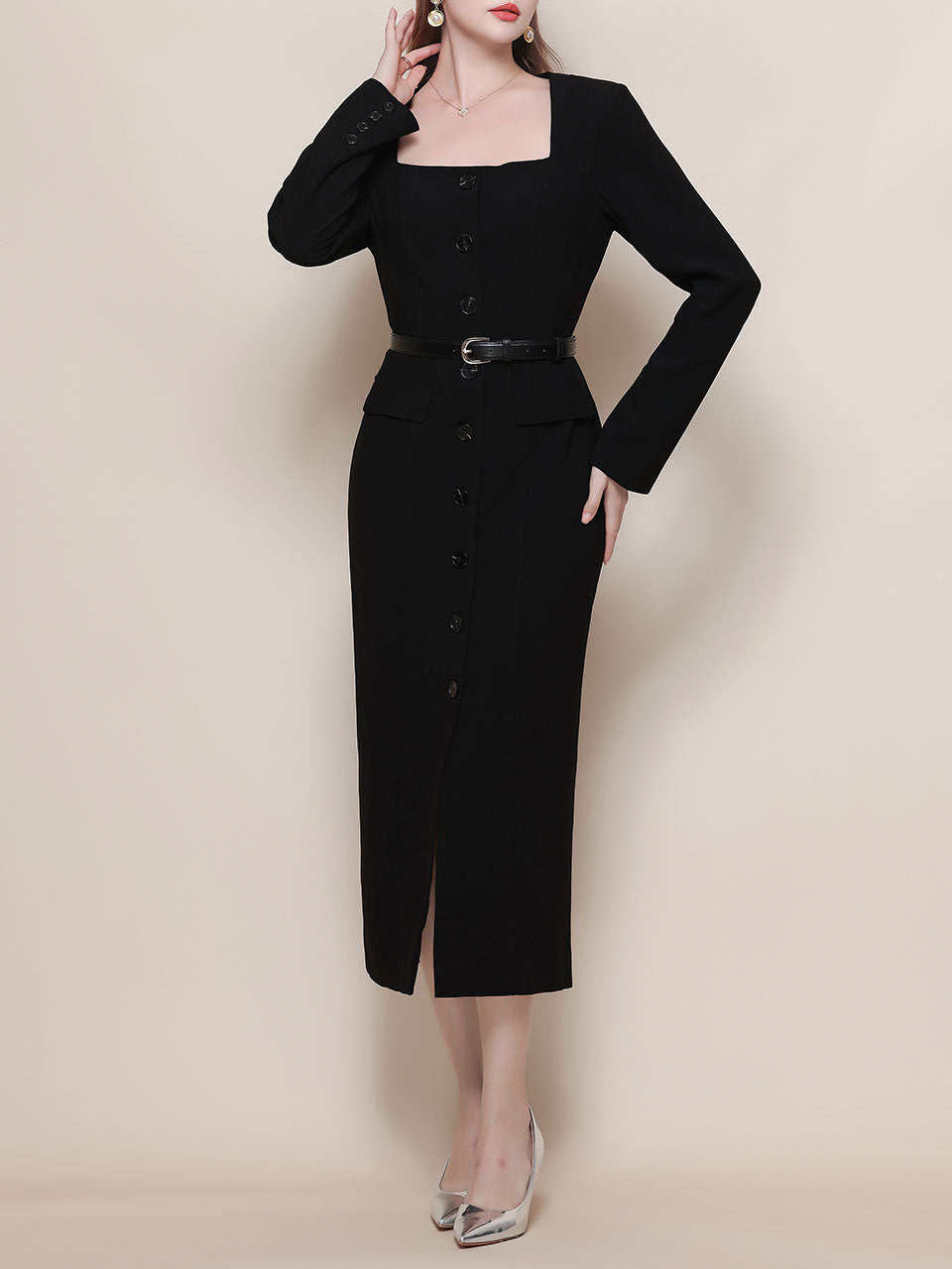 Black Square Collar Long Sleeve Bodycon 1960S Dress
