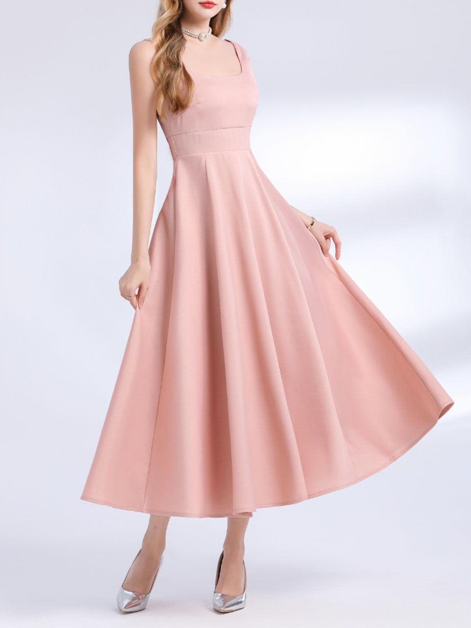 Red Satin V Neck Sleeveless Classic 1950S Vintage Sweet Party Dress