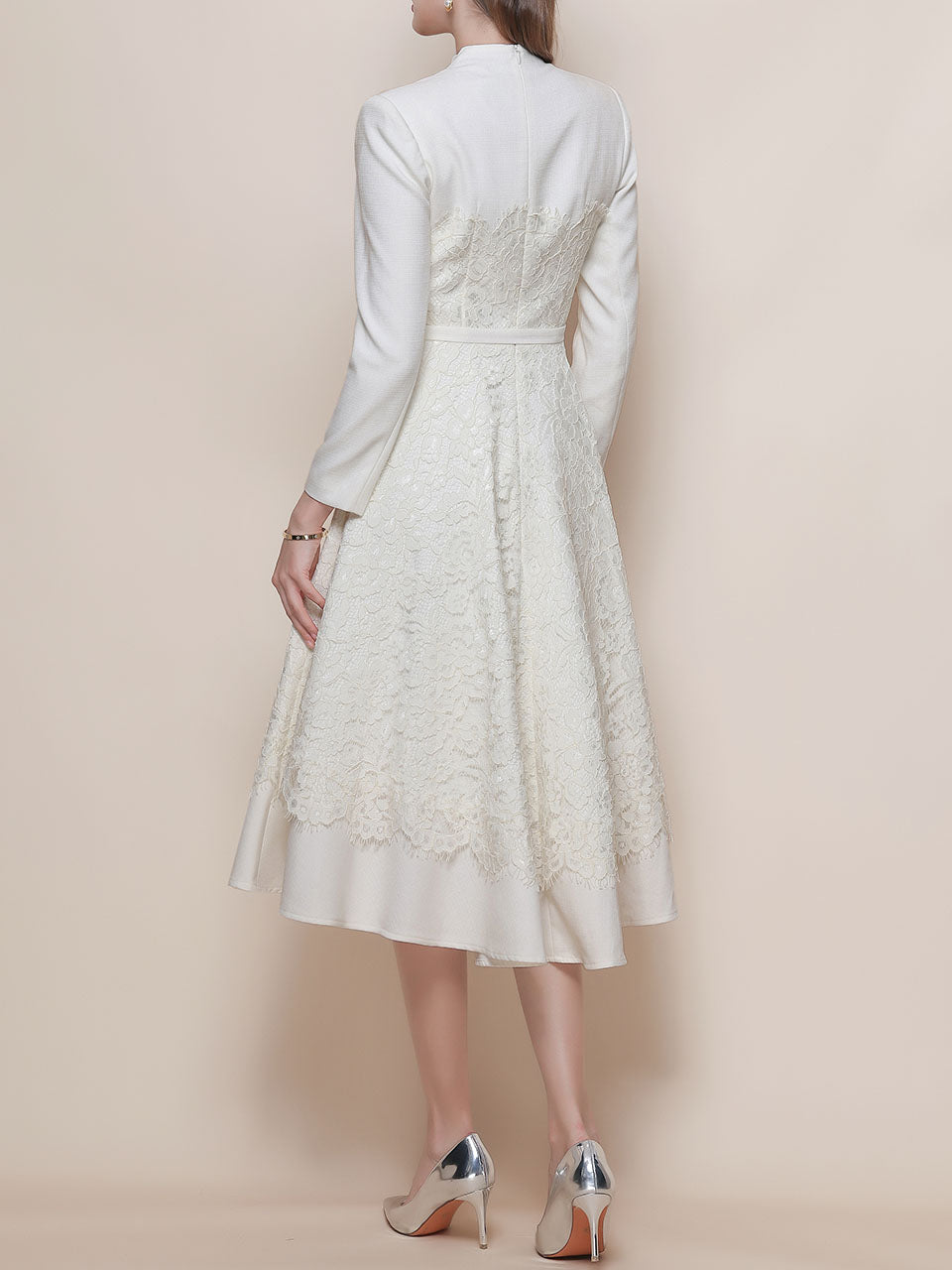 White V Neck Long Sleeve Classic 1950S Vintage Dress