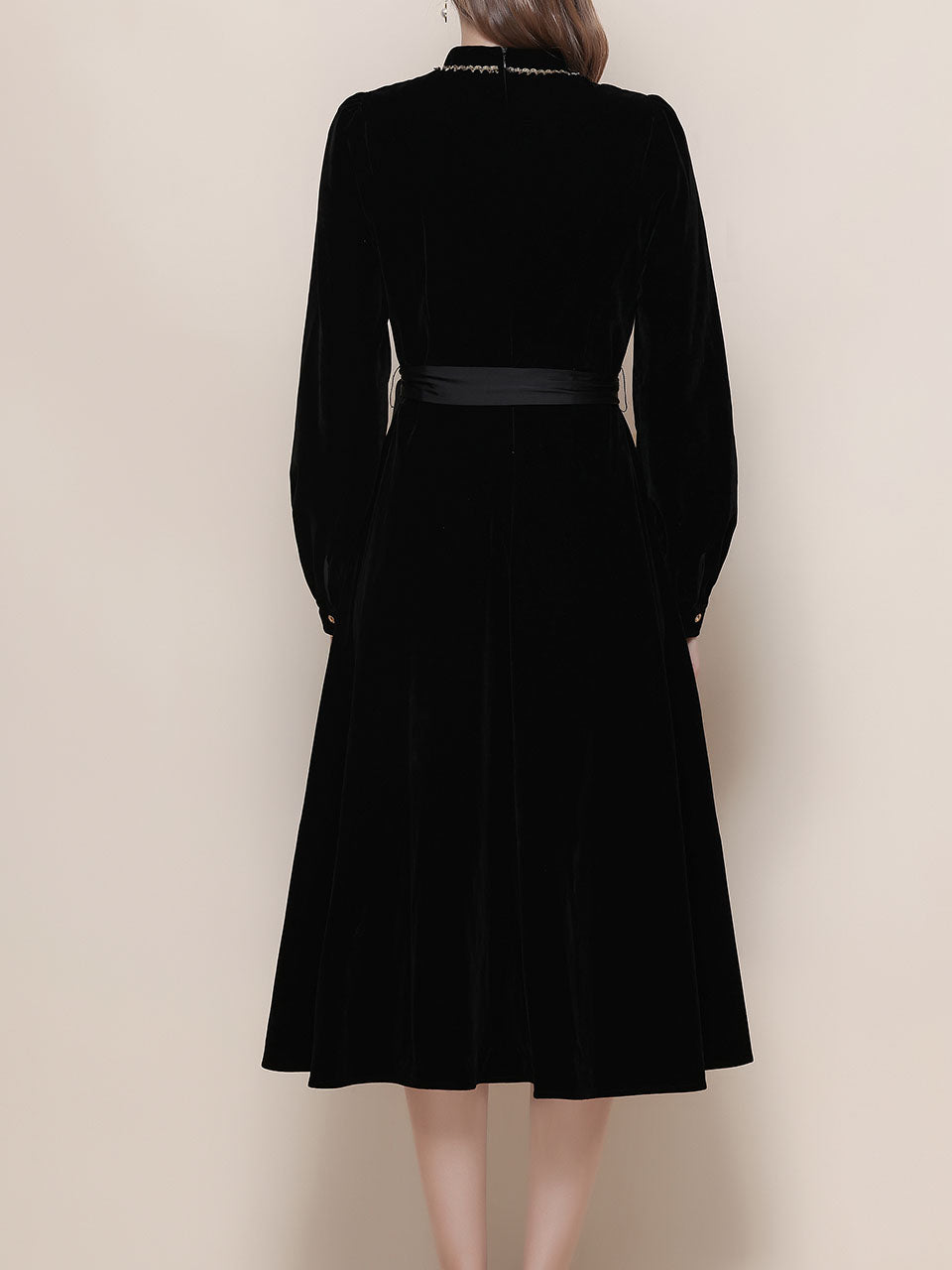 Black Mandarin Collar Velvet Retro Dress