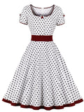 White Polka Dots  Square Collar Puff Sleeve 1950S Vintage Swing Dress