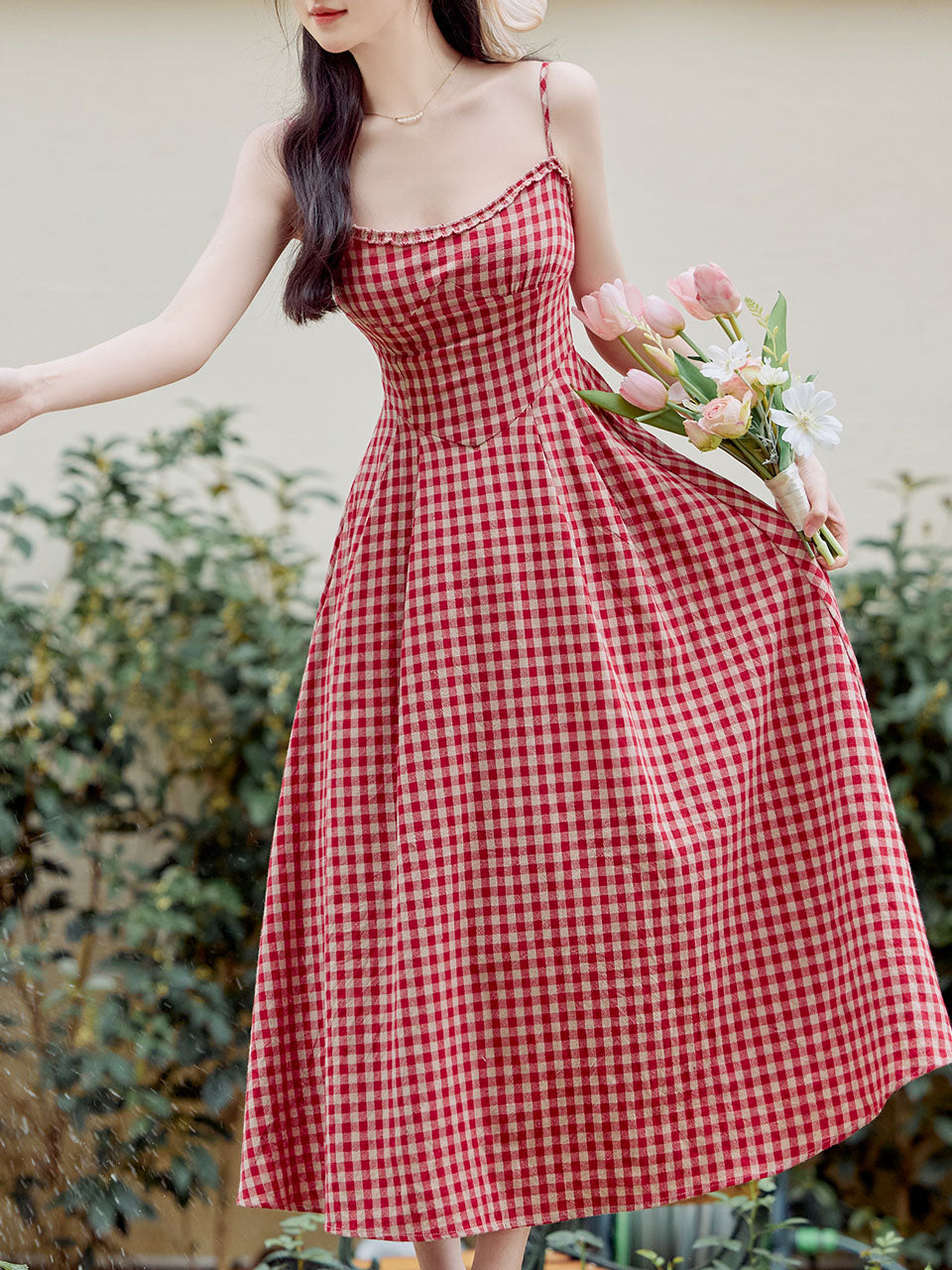 2PS Red Plaid Spaghetti Strap Dress