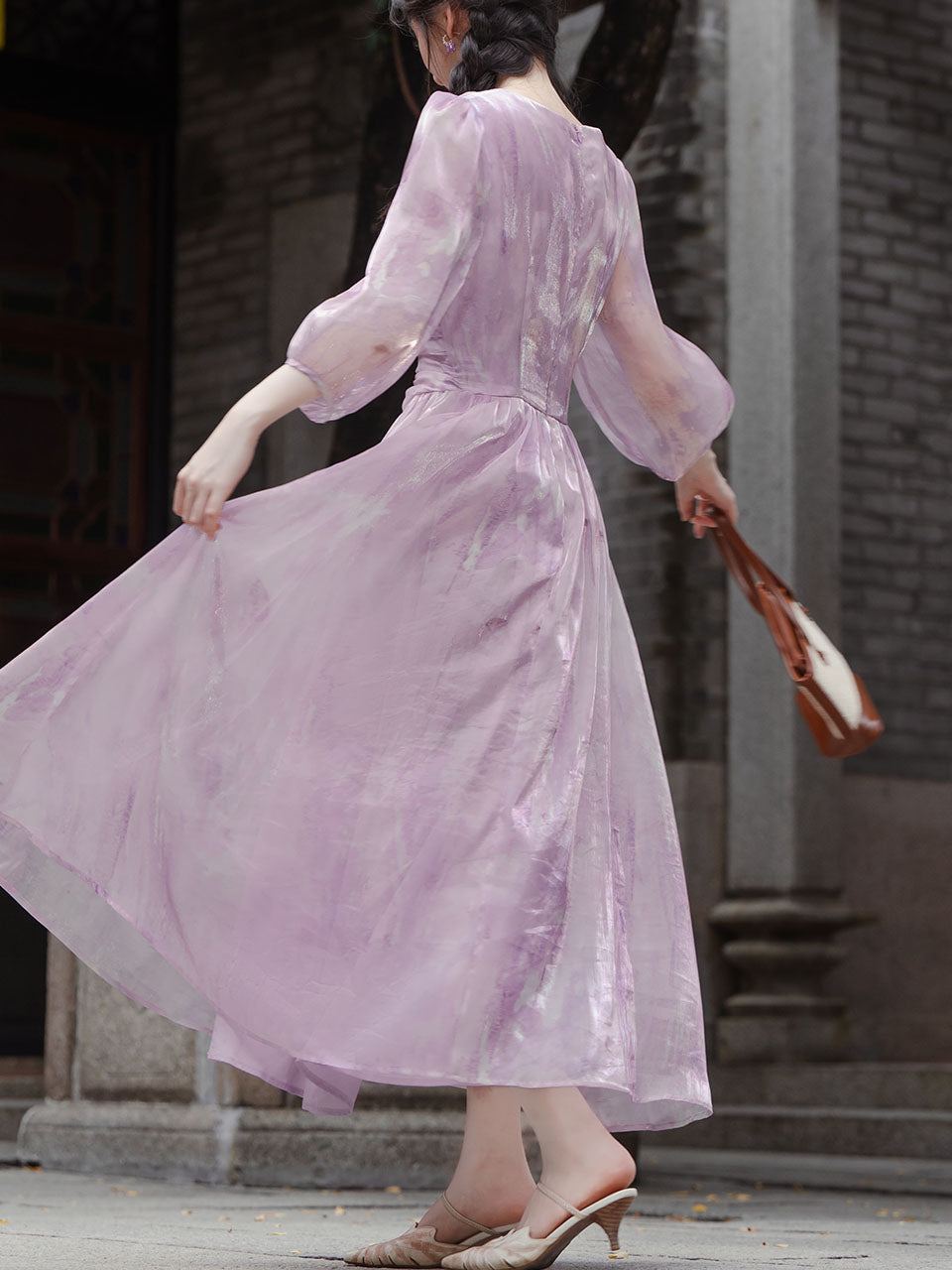 2PS Purple V-neck Organza Flowing Swing Dress