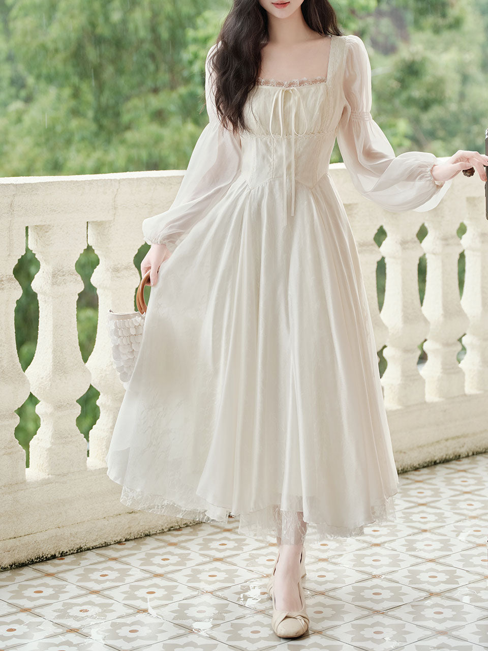 White Lace Square Collar Long Sleeve 1950S Vintage Swing Dress