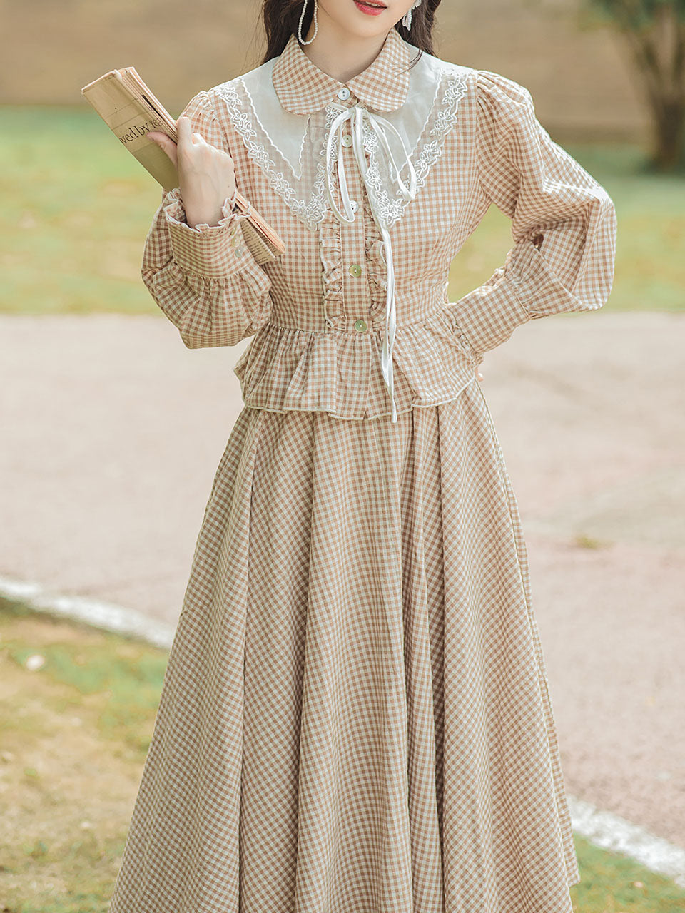 2PS 1950S Plaid Long Sleeve Shirt And Swing Skirt Dress Suit