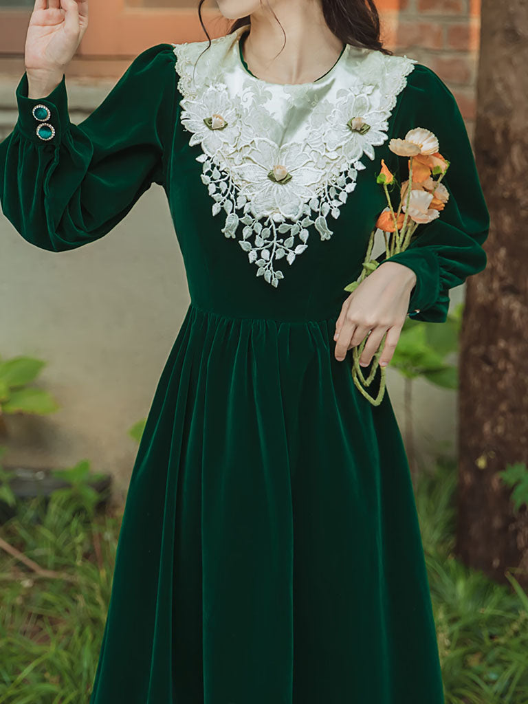 Emerald Green Flower Lace Velvet Long Sleeve Vintage Dress