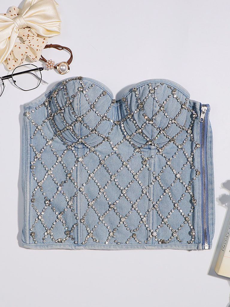 Denim Handmade Rhinestones Corset Camisole Top
