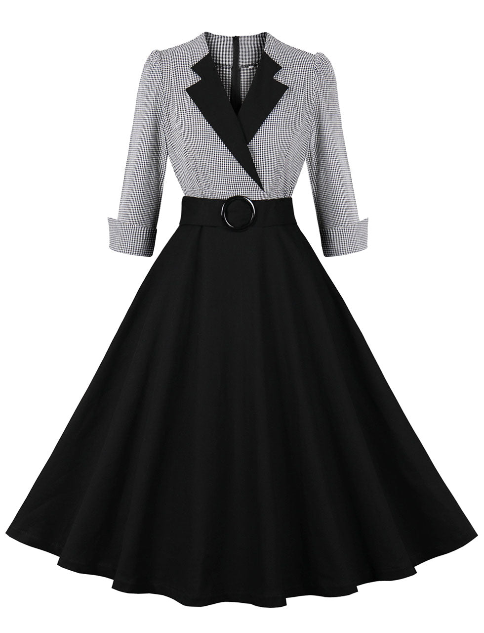 1950s Black V Neck Plaid 3/4 Sleeve Vintage Swing Dress