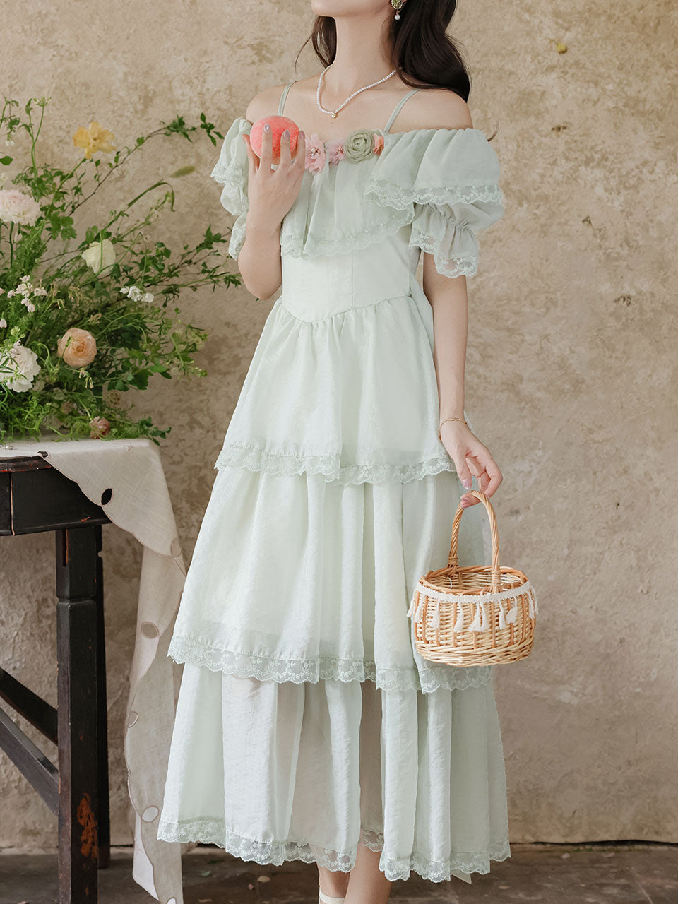 Light Green Off Shoulder Chiffon Tiered Maxi Dress